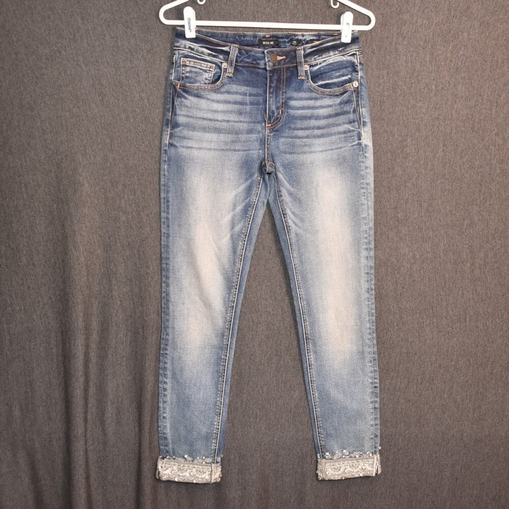 Miss Me Women's 26 Ankle Skinny Rhinestone Hem Distressed Denim Jeans